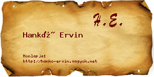 Hankó Ervin névjegykártya